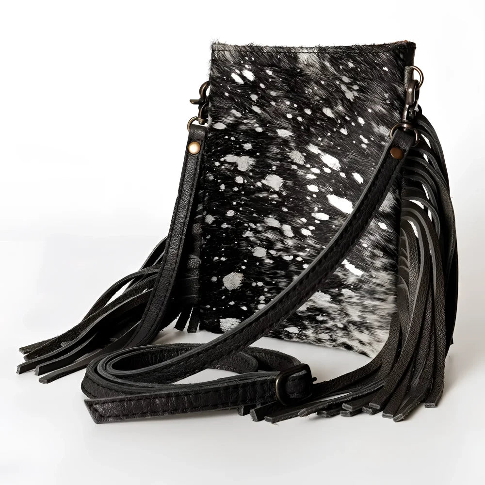 Black and white speckled genuine leather cowhide crossbody bag with fringe, Angus Oliver Canada