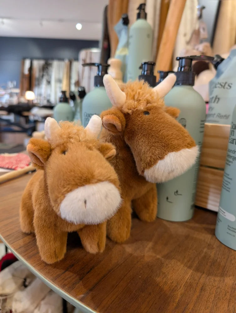 Two adorable highland cow stuffed figurines with brown fur white snouts and soft textured fabric bodies