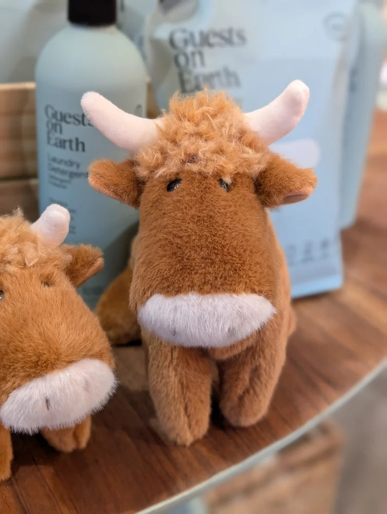 Brown plush highland cow stuffed toy with white horns and fluffy white muzzle perfect as a cute highland cow stuffed gift