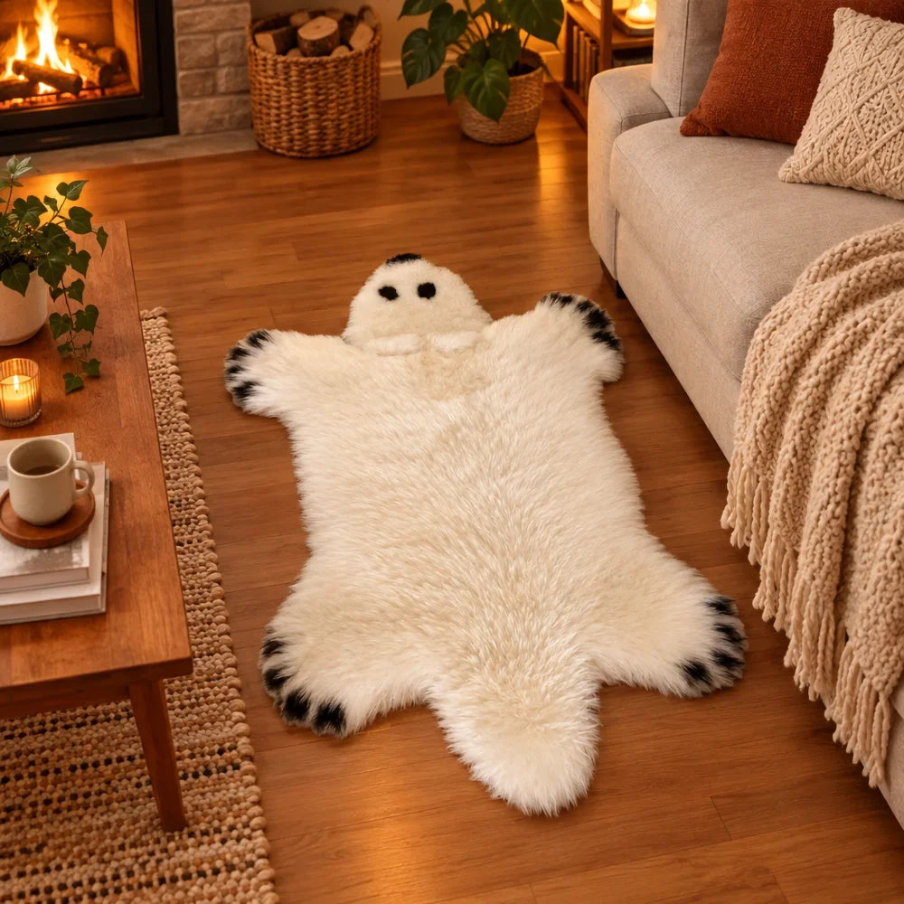 Adorable merino sheepskin polar bear rug in white faux fur with black paw and facial accents perfect as a bear rug