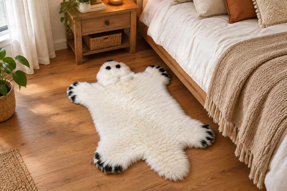 Adorable white polar bear rug made of merino sheepskin with black paw pads and embroidered eyes perfect as a bear rug