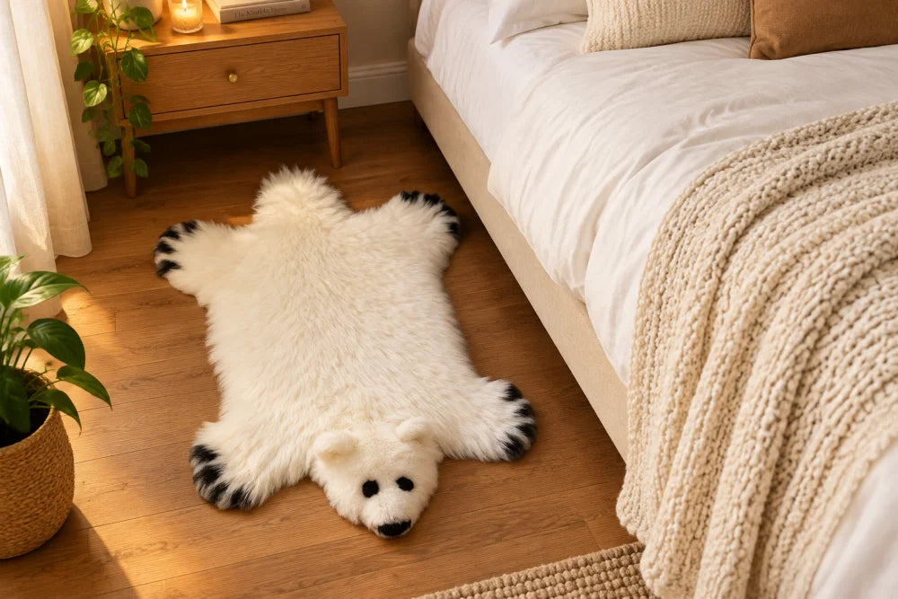 Adorable merino sheepskin polar bear rug with plush faux fur and black tipped paws and nose in white color