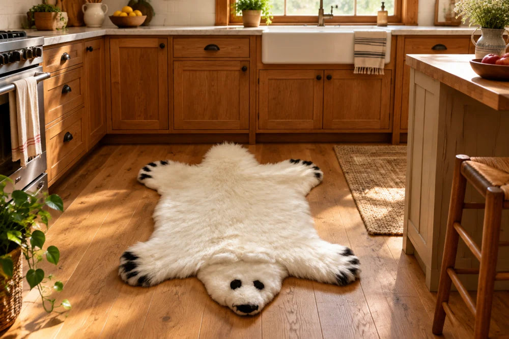 Adorable white polar bear rug made of plush merino sheepskin with black paw and facial accents