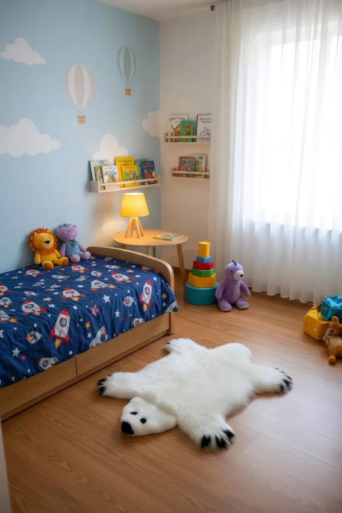 Adorable white fluffy merino sheepskin polar bear rug perfect as a cozy bear rug for home decor