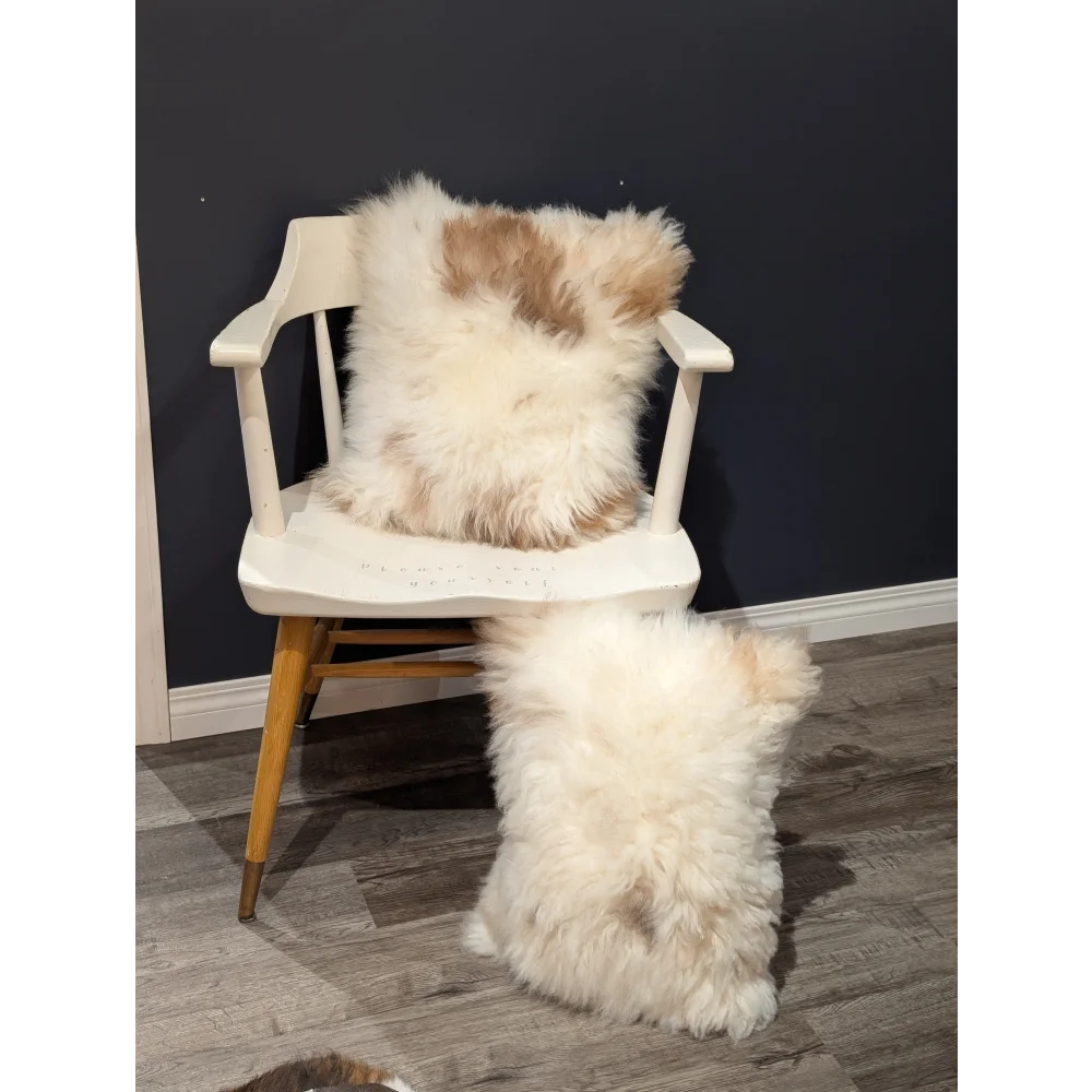 Adorable set of fluffy cream and tan sheepskin cushions on white chair by angus oliver canada sheepskin rugs