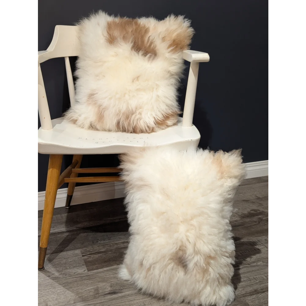 Adorable set of angus oliver cream and tan sheepskin throw pillows with shaggy texture from canada sheepskin rugs and cowhide rugs