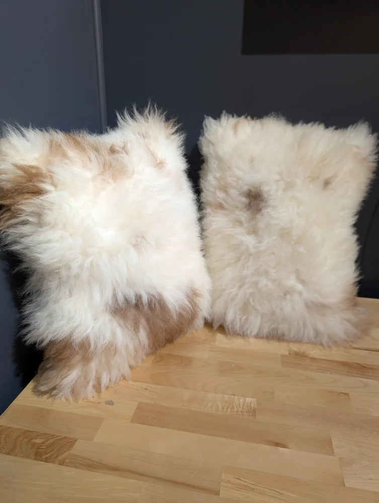 Adorable set of angus oliver sheepskin cushions in off-white cream with soft natural fur perfect for canada homes