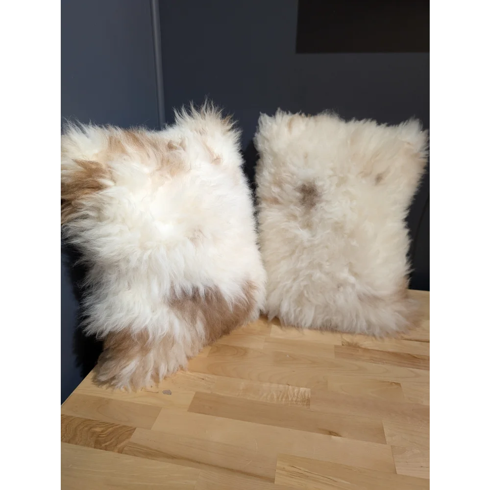 Adorable set of angus oliver sheepskin cushions in off-white cream with soft natural fur perfect for canada homes