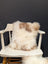 A fluffy cream and tan sheepskin throw pillow from angus oliver resting on a white chair perfect for canada homes