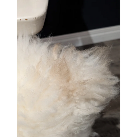 Adorable set of white sheepskin cushions with fluffy fur and beige matted patch by angus oliver canada perfect for cozy decor