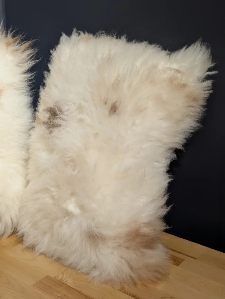 Fluffy off-white sheepskin pillow with soft voluminous fur from adorable set by angus oliver canada sheepskin rugs