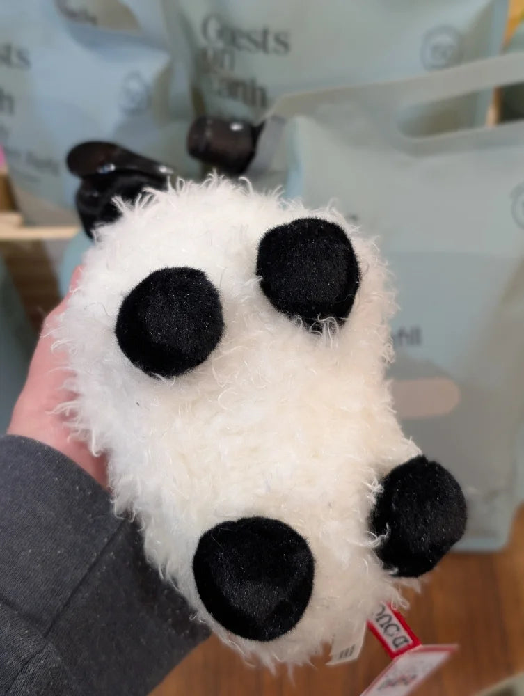 Adorable fluffy white plush mini sheep phone case with black patches on ears eyes and feet