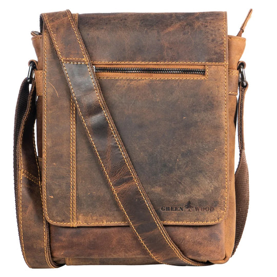 Henry unisex genuine leather mini messenger bag with green wood logo