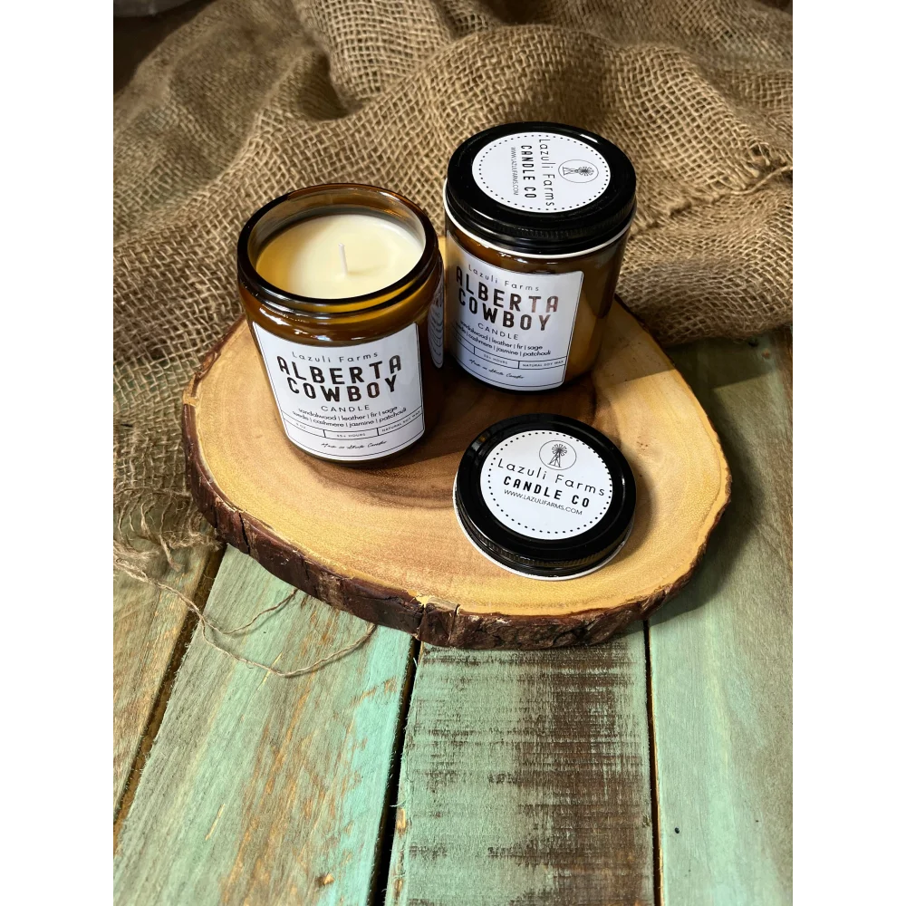 Rustic Alberta Cowboy Candle in wooden jar with black lid