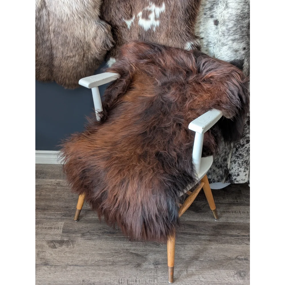 Soft Icelandic sheepskin rug 49x28in on white chair