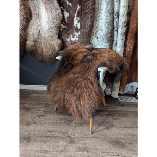 Soft Icelandic sheepskin rug 52x34 inches on white wooden chair