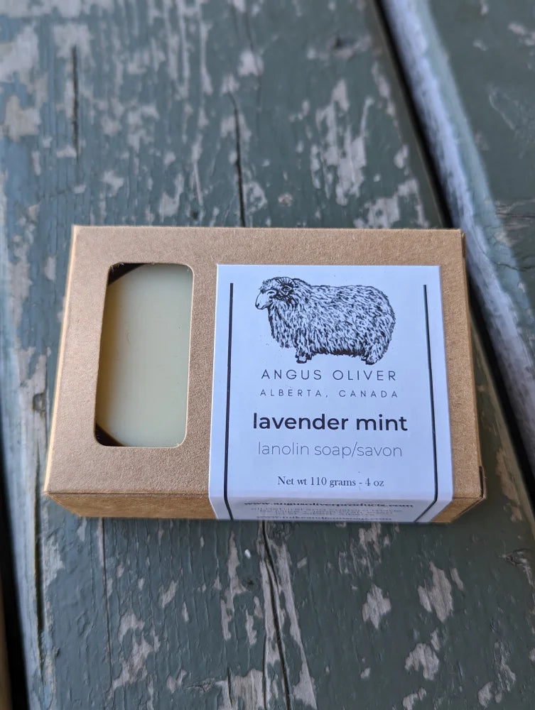 Angus Oliver lanolin natural soap bar with lavender mint in sheep logo box