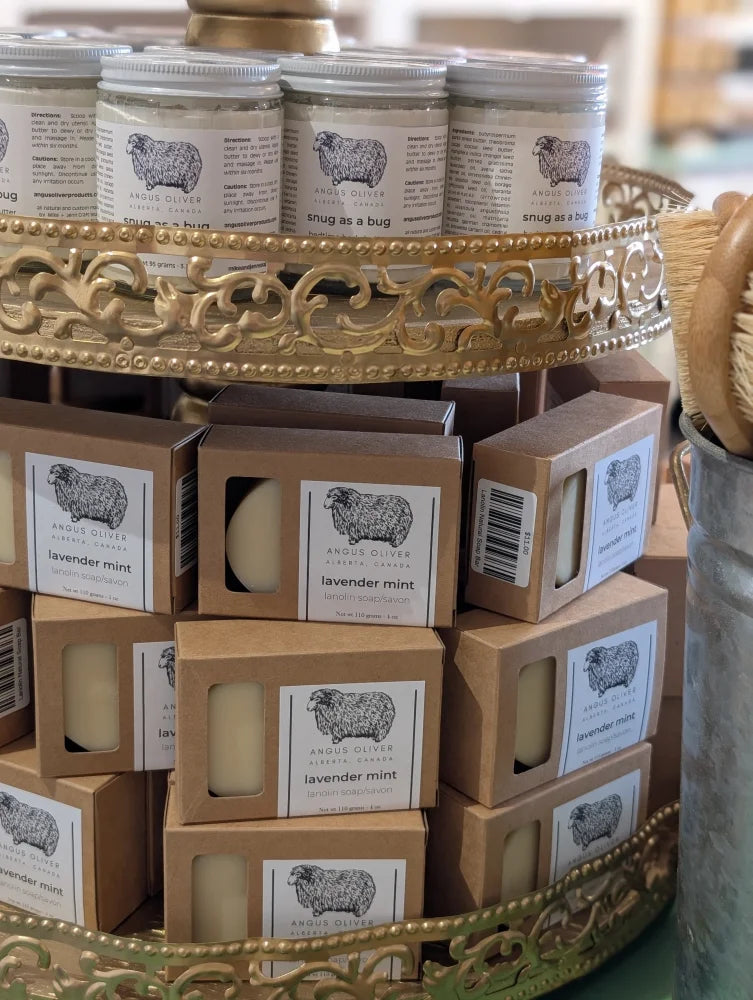 Angus Oliver lanolin soap bars in boxes with sheep illustrations