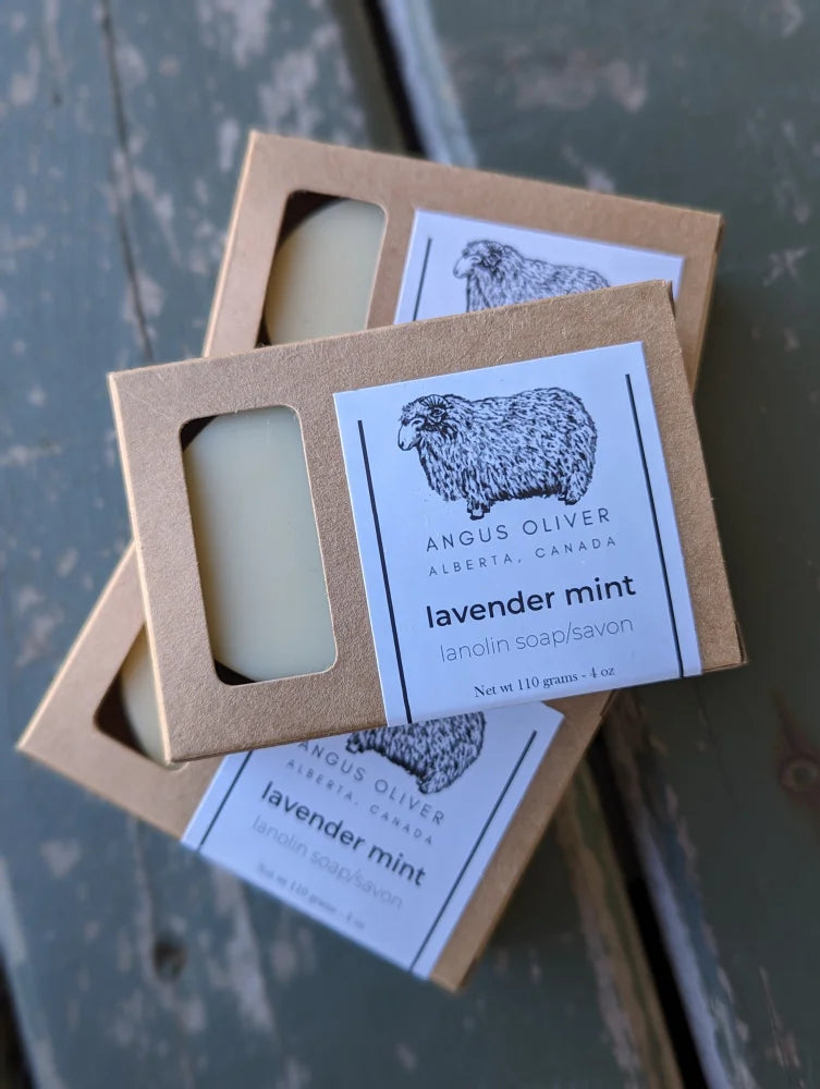 Angus Oliver lanolin soap bar with lavender mint scent and sheep kraft wrap
