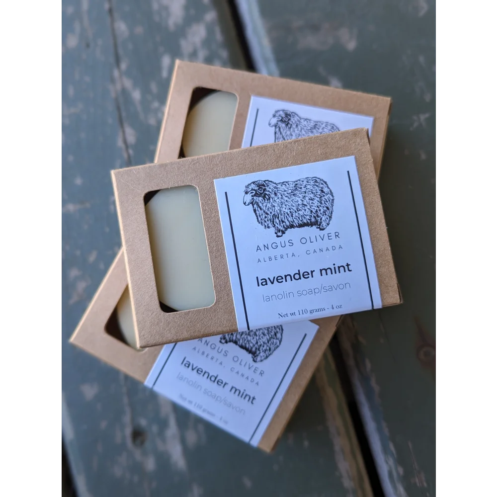 Angus Oliver lanolin soap bar with lavender mint scent and sheep kraft wrap