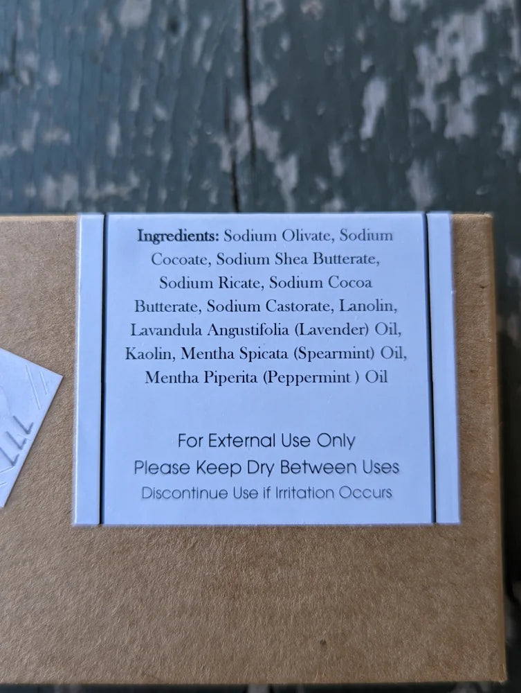 Angus Oliver lanolin natural soap bar with lavender, spearmint, peppermint oils in cardboard box