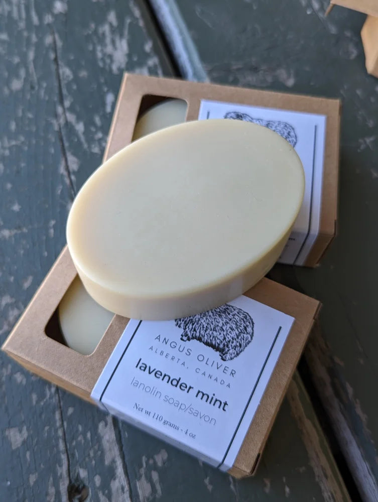 Angus Oliver lanolin soap bar with lavender mint scent in cardboard box