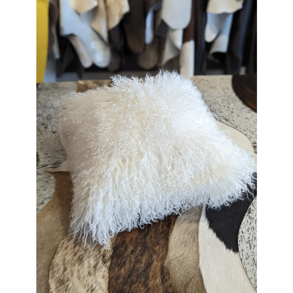White fluffy Mongolian sheepskin cushion cover with soft textured fur
