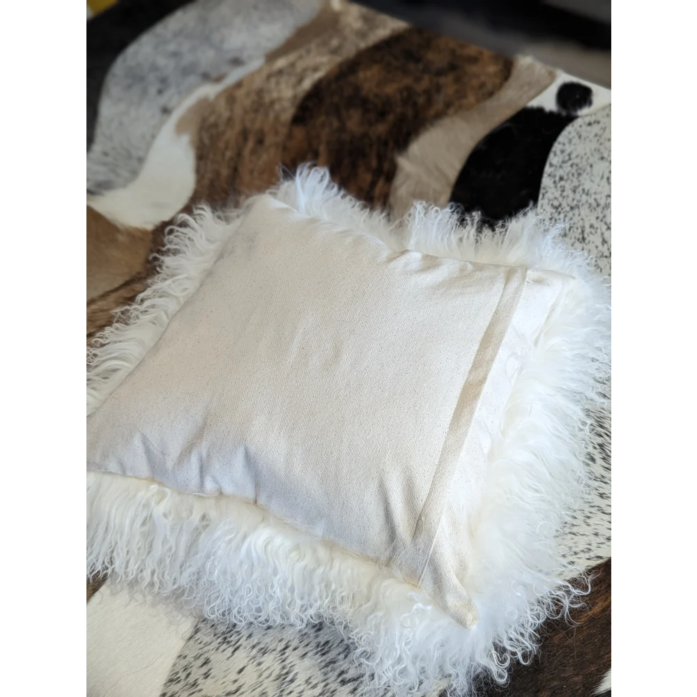 White fluffy Mongolian sheepskin cushion cover with fringed edges