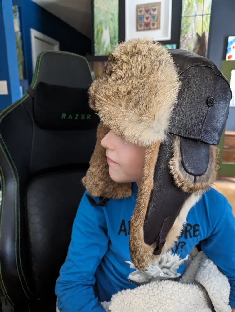 Razer aviator hat made with rabbit fur and leather trim