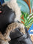 Stylish aviator hat made with rabbit fur and black leather jacket trim