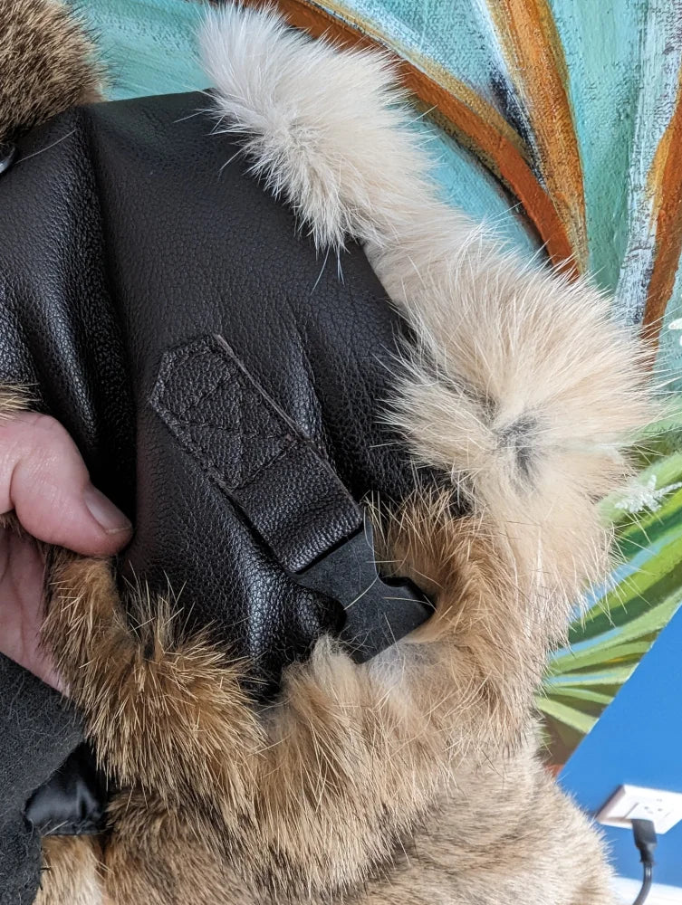 Black leather dog boot with fur lining, aviator hat made style