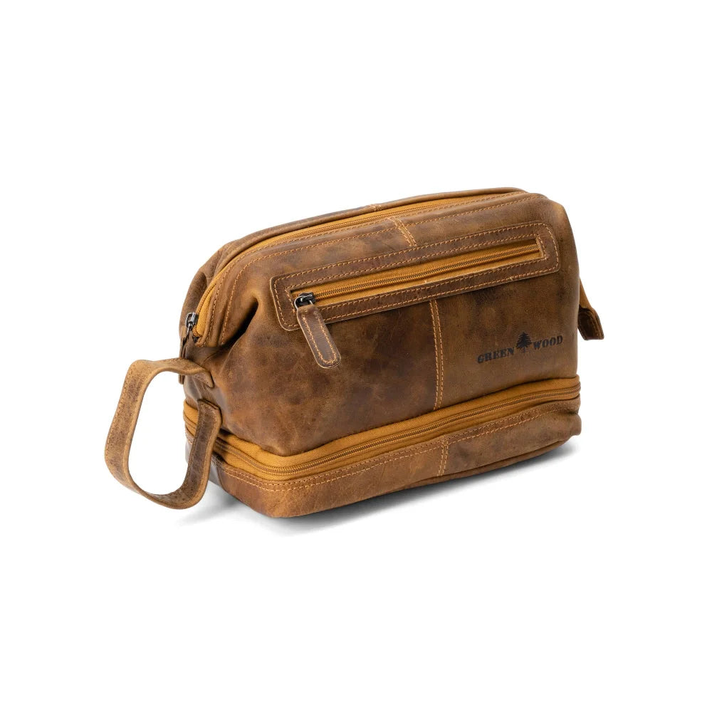 Napier leather toiletry bag in brown with tan sturdy zipper handle
