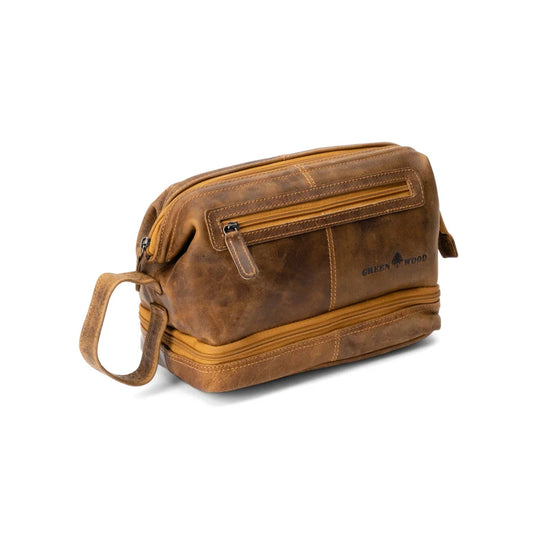Napier leather toiletry bag in brown with tan sturdy zipper handle