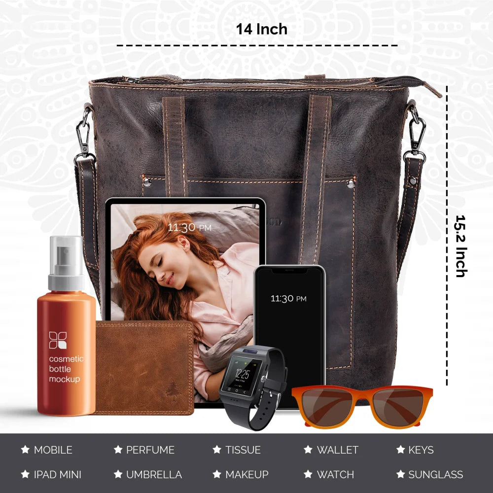 Dark brown classic leather tote bag Bunbury with stitching and sturdy handles