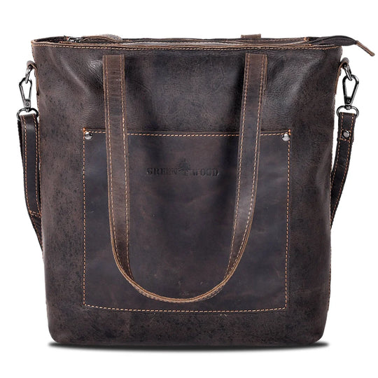 Dark brown distressed classic leather tote bag Bunbury with tan stitching