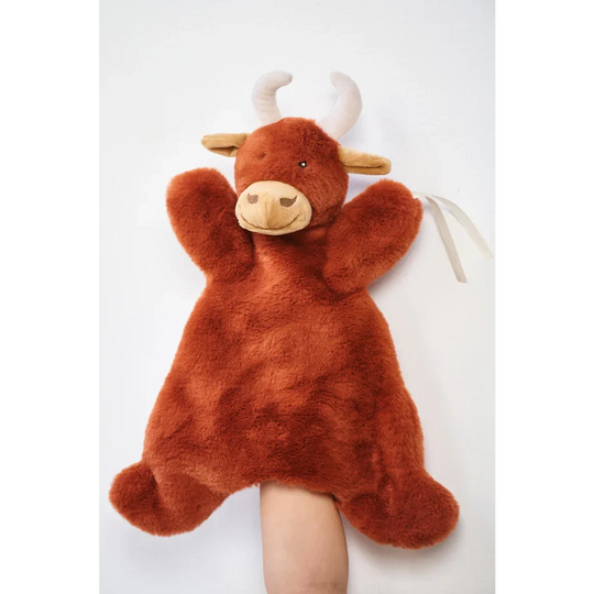 Brown plush bull hand puppet from Baby Gift Set with dense shearling wool feel