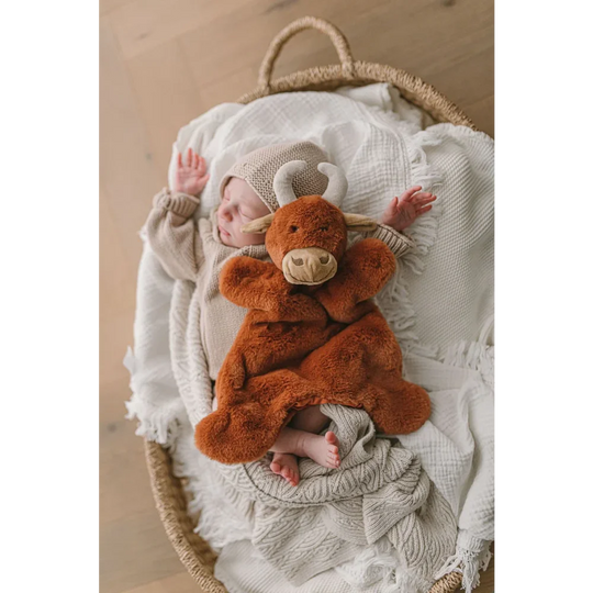 Sleeping baby with a plush ox toy on medical sheepskin rug in Baby Gift Set ❤️