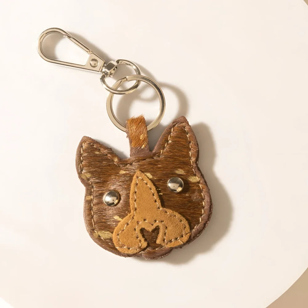 Honey tan Barn Whisker Hairon western style keychain with cowhide cat face