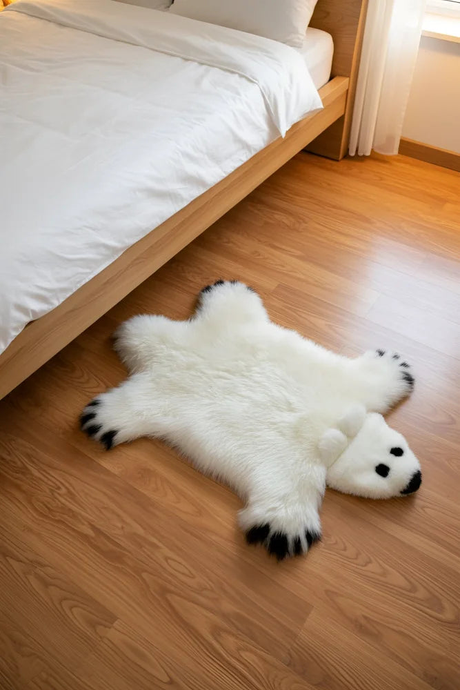 White faux fur polar bear rug with black paw tips and nose made from sheepskin for cozy bear rugs