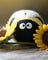 A charming black and yellow eco dryer ball with embroidered white eyes from the bee trio set peeking out from sunflowers