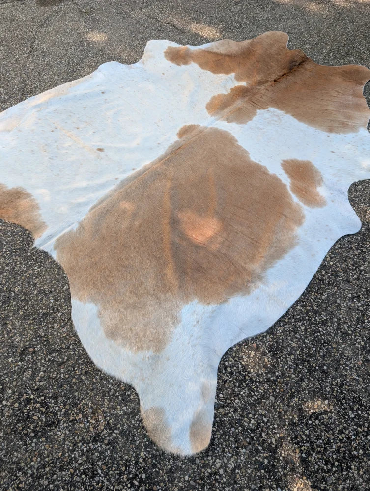 Beigewhite 117 large cowhide rug with brown and white natural patches adding rustic charm to beautiful rugs