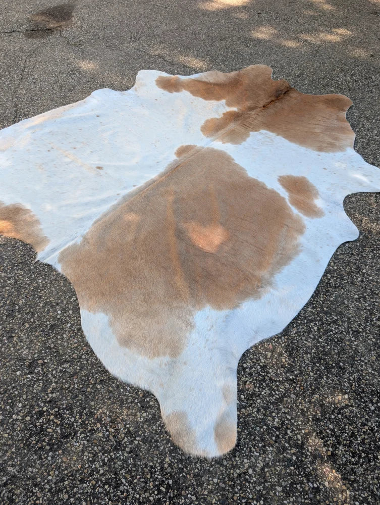Beigewhite large cowhide rug with brown and white natural patches perfect for adding rustic charm to any room