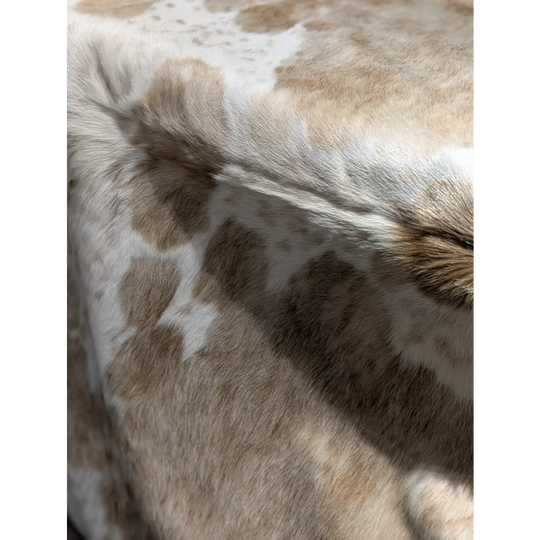 Gorgeous extra large cowhide rug with brown white spotted fur, 88x63in beautiful texture