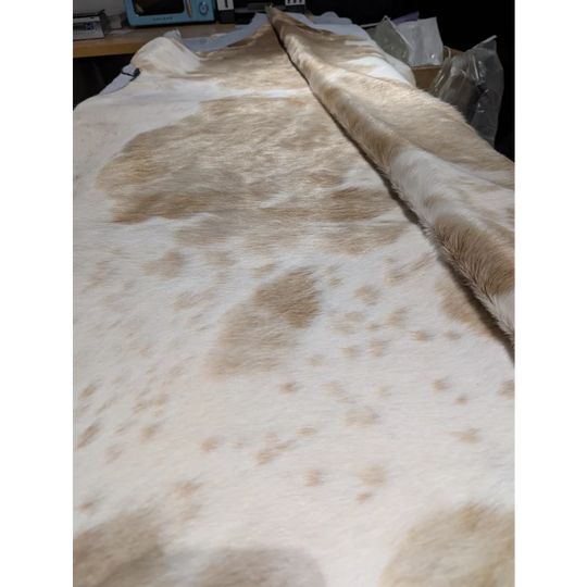 Extra large cowhide rug with light brown spots on white, genuine leather beauty