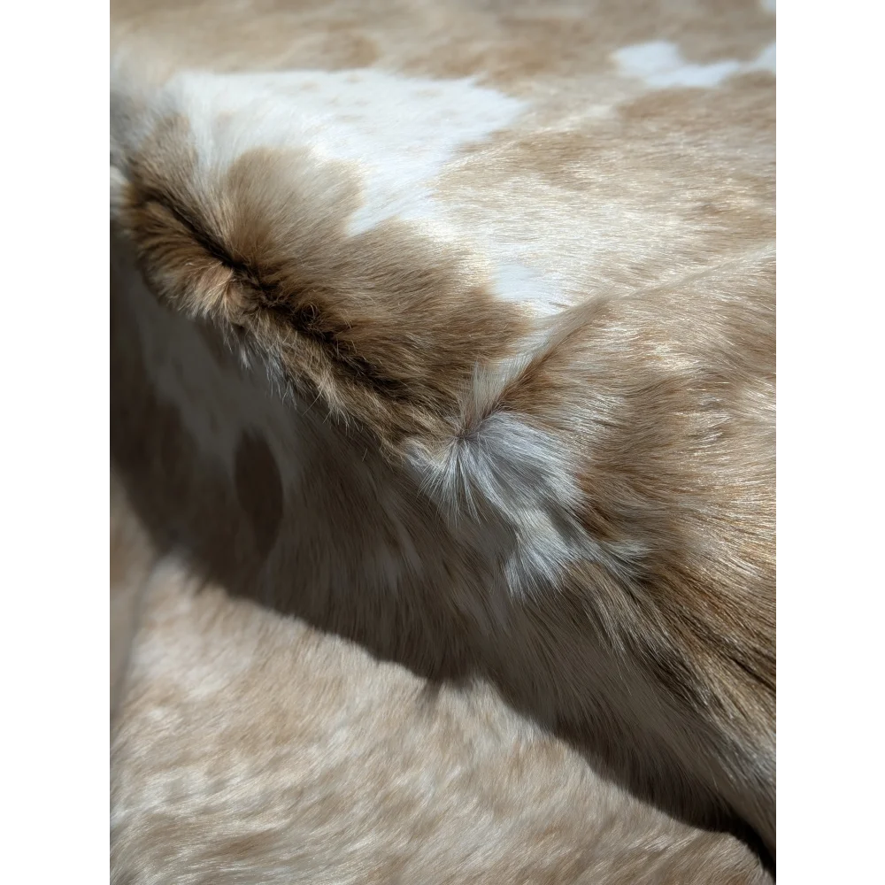 Extra large cowhide rug with cream faux fur, white spots, 88x63 inches