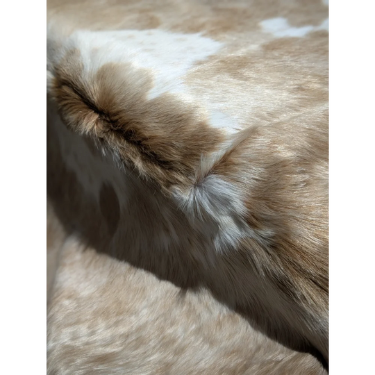 Extra large cowhide rug with cream faux fur, white spots, 88x63 inches