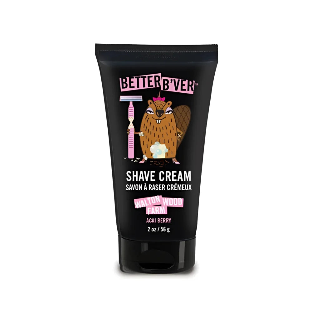 Black tube of better bver shave cream with cartoon beaver holding razor and foam by walton wood farm acai berry