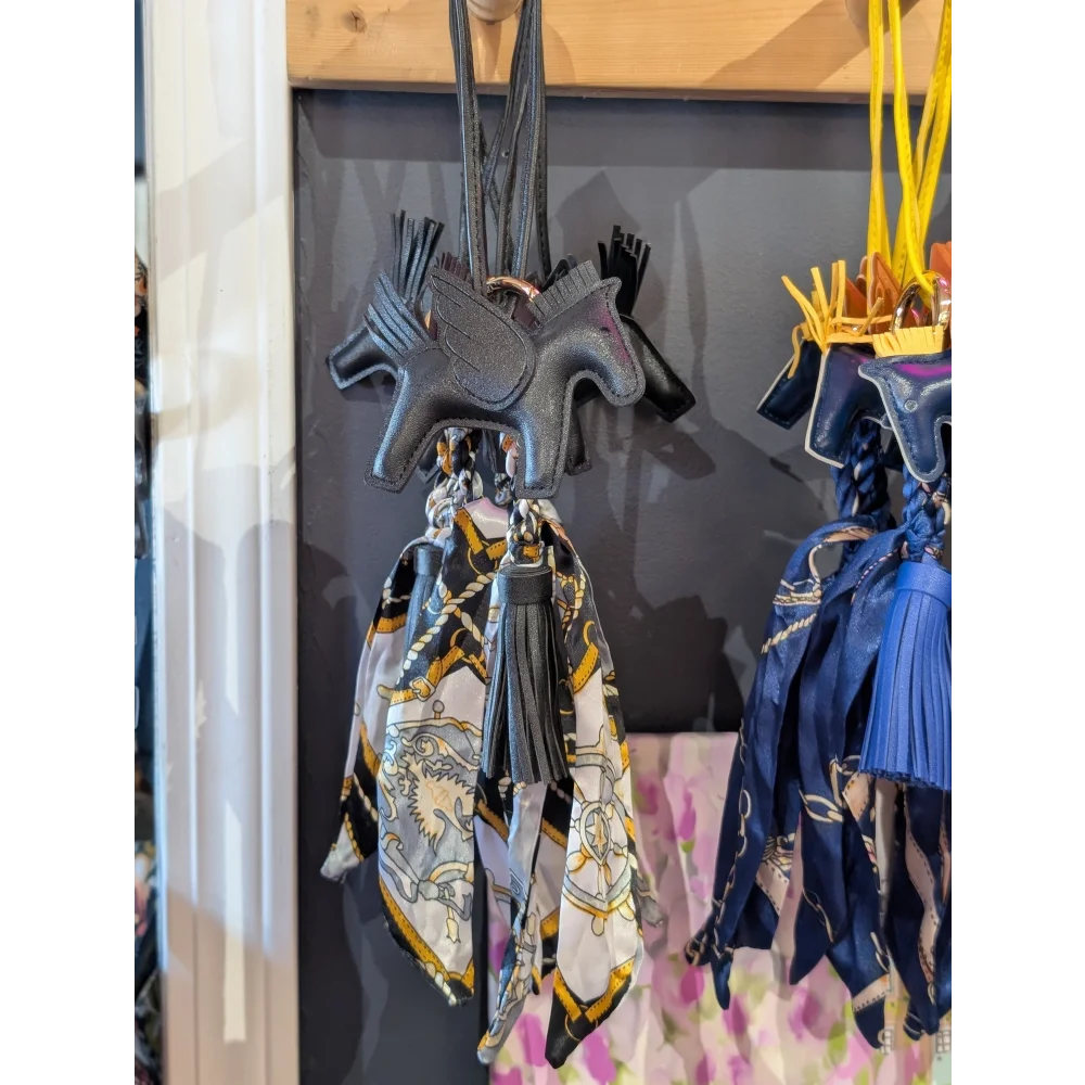 Angus Oliver black horse bag charm with printed scarf and tassels
