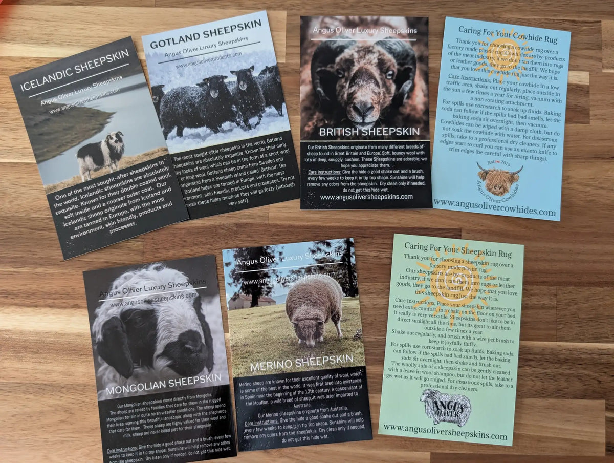 Black and white informational cards detailing various types of sheepskin products from angus oliver luxury sheepskins.