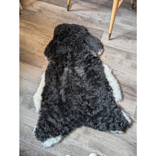 A plush black with white sides icelandic sheepskin rug with soft curly medium spotted icelandic wool texture on the floor